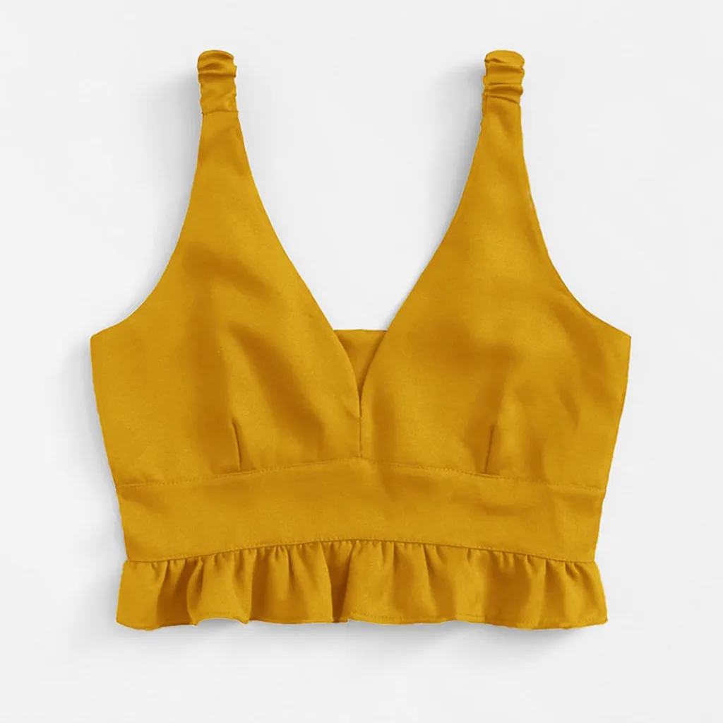 Женский укороченный топ на каждый день с глубоким v-образным вырезом и оборками, топы на бретелях, модная сексуальная желтая футболка camiseta mujer