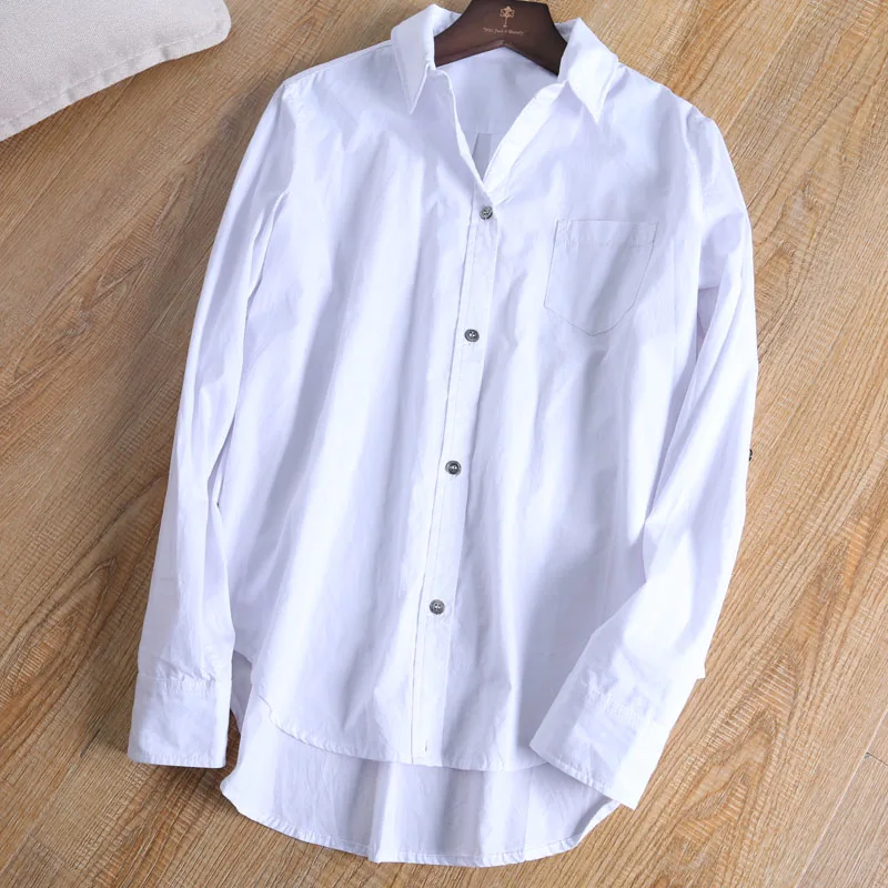 Women White Shirts Button Long Sleeve Office Lady Solid Color Blouse