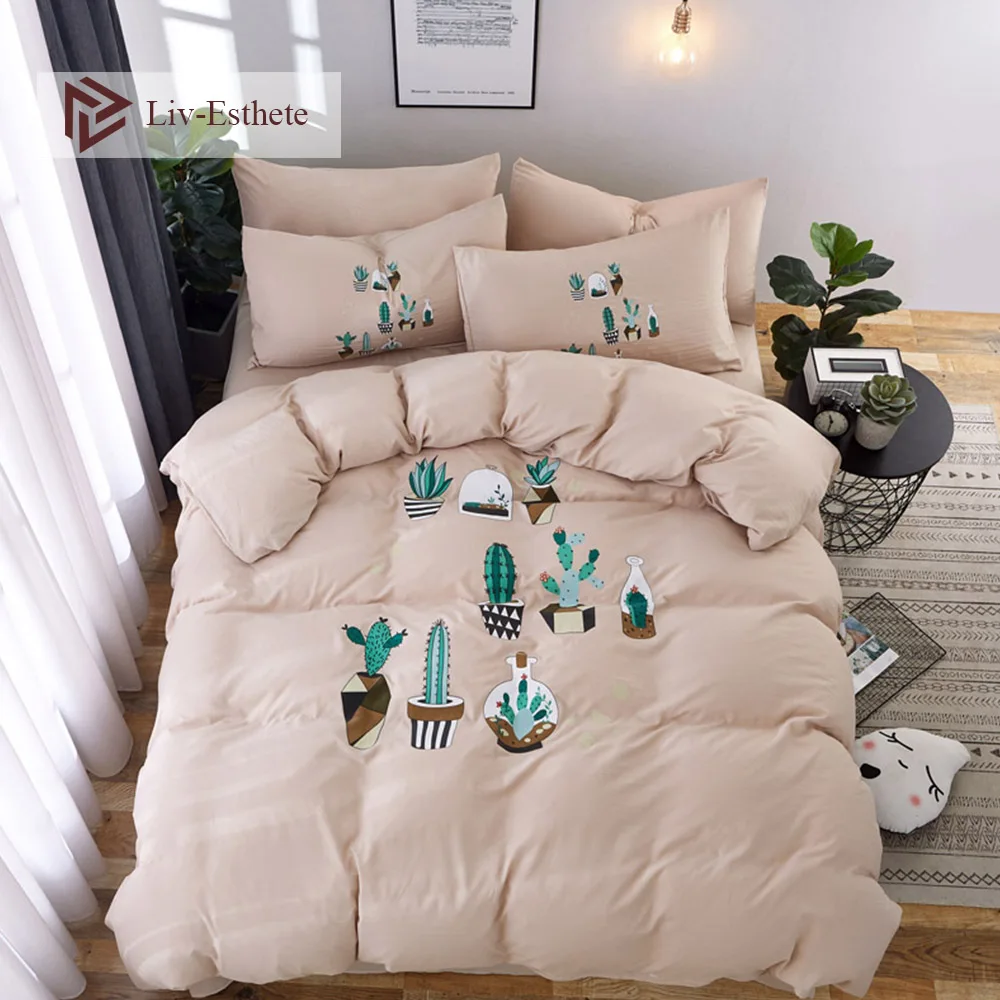 

Liv-Esthete Lovely Cartoon Plant Bedding Set Soft Duvet Cover Bedspread Flat Sheet Double Queen King Bed Linen For Adult Kids