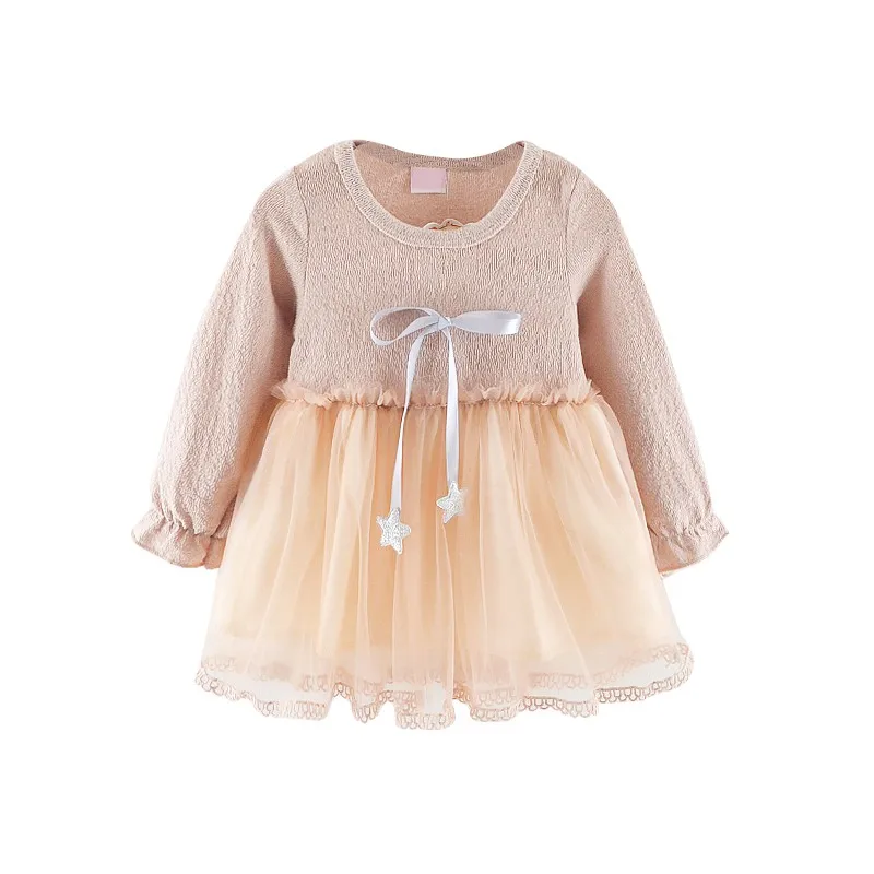 Весенне-осенние детские вечерние платья для девочек милый костюм для детей, Сетчатое платье принцессы с длинными рукавами для девочек от 0 до 3 лет - Цвет: Шампанское