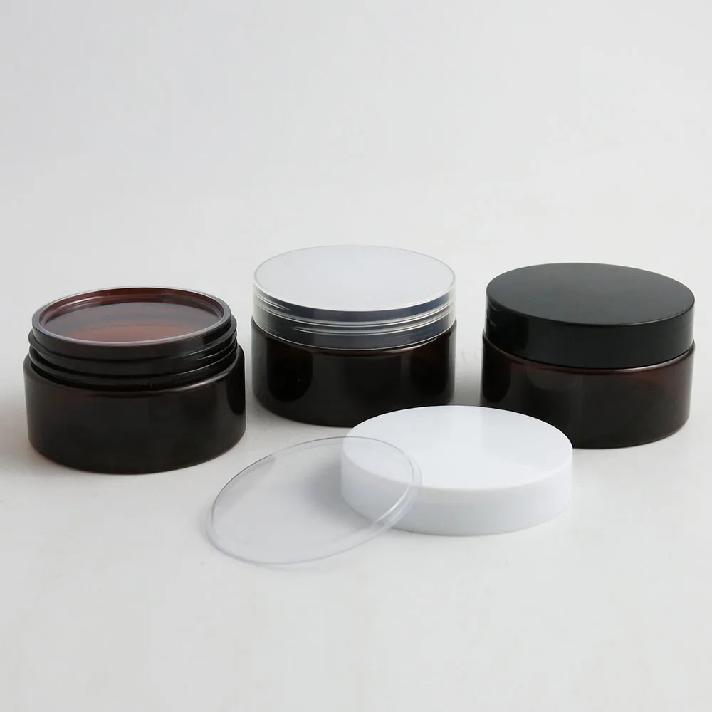 30 x DIY 100 г пустая Янтарная ПЭТ банка для крема с пластиковыми белыми и черными
