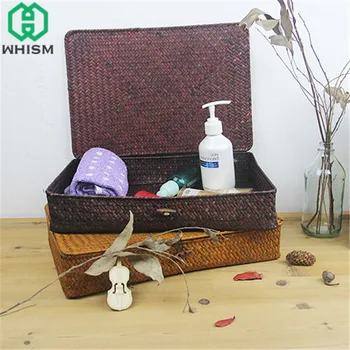 

WHISM Rattan Weave Storage Boxes Handmade Woven Storage Basket Jewelry Storage Box Make Up Organizer Seagrass Basket With Lid