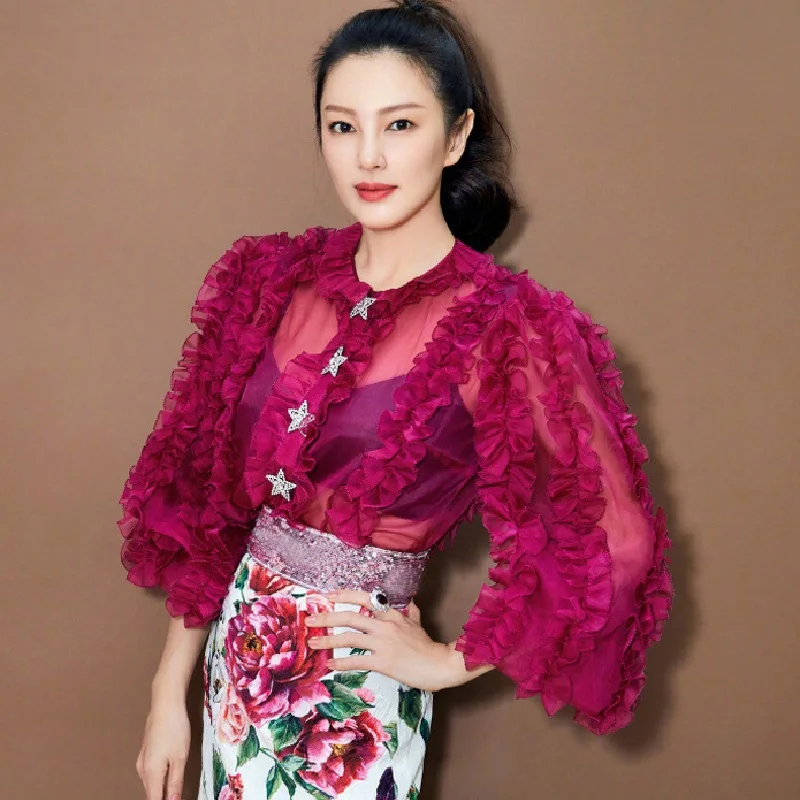 2019 Summer Party Red Ruffles Blouses Shirt Women Runway Designer Elegant Lantern Sleeve Female Tops Clothes |