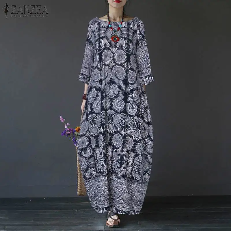 

ZANZEA 2019 Vintage Summer Women Dress Cotton Casual Loose O Neck Printed Long Maxi Dresses Bohemian Beach Vestidos Plus Size
