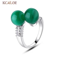 Green Ring Jade Stone Trendy Punk Double Round Ball Girl Ring Elegant Engagement Resizable Natural Crystal Green Jade Ring
