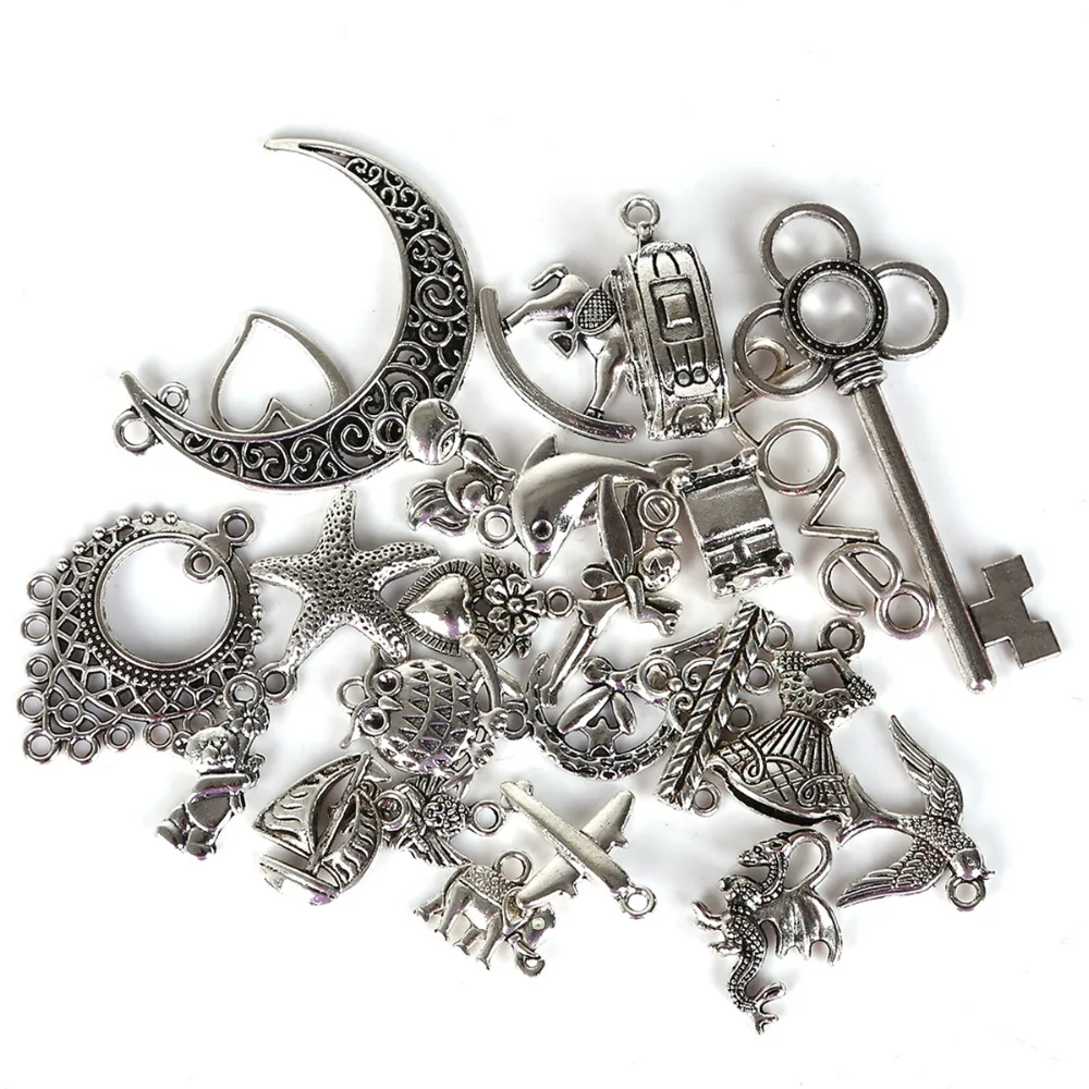 

Vintage Metal 1Pack(2-55PCS) Mixed Antique Silver European Bracelets Charm Pendants Fashion Jewelry Making Handmade DIY Charms