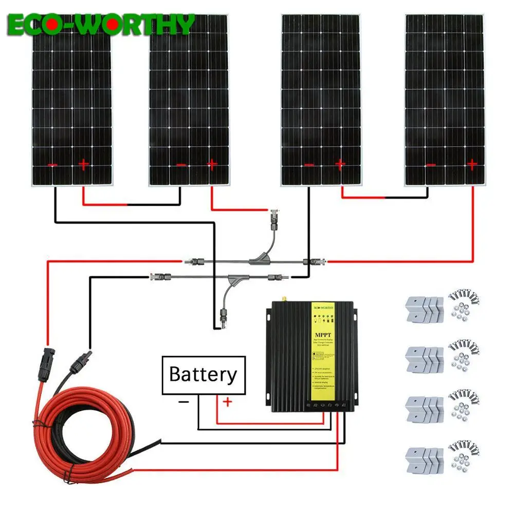 

ECOworthy 640W solar system: 4pcs 160W mono solar power panel& 20A MPPT controller& 5m black red cables Z charge FOR 12V battery