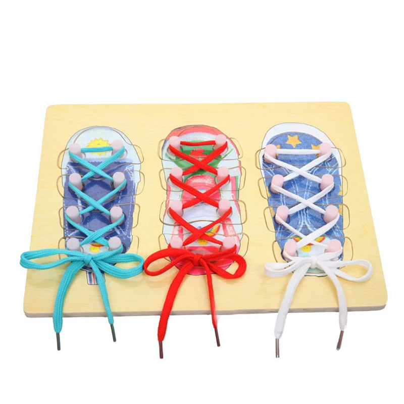 

Kids Toys Educational Wooden Puzzle Threading Board Early Learning Toy Kids Hand Eye Coordination Skill Exercise Lace Up Shoes