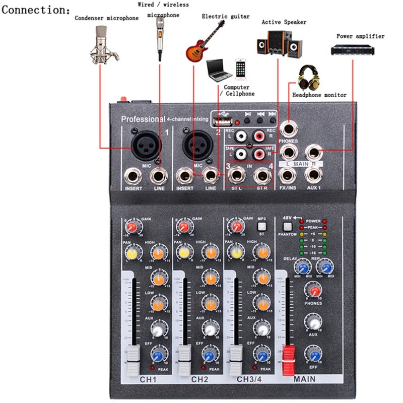 ЕС Plug Мини Портативный аудио микшер с Usb Dj звук микшерный пульт Mp3 Jack 4 канала караоке 48 в усилитель для караоке Ktv Ma