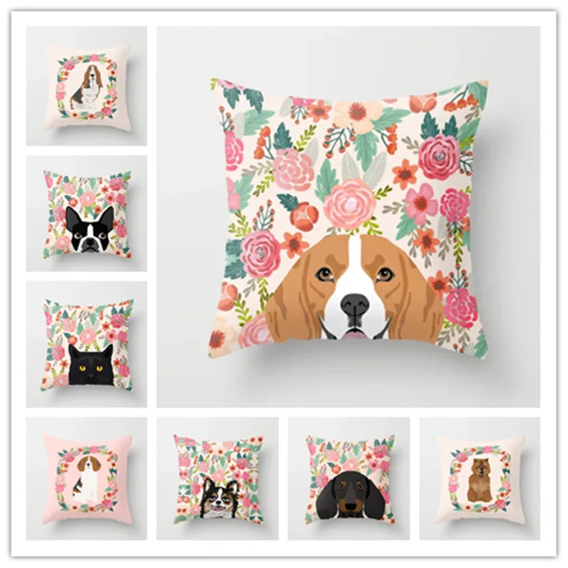 

Puppy and Flowers Pattern Cushion Cover Colorful Cute Corgi Labrador Schnauzer Simple Style Flax Home Decorative Pillows Cover