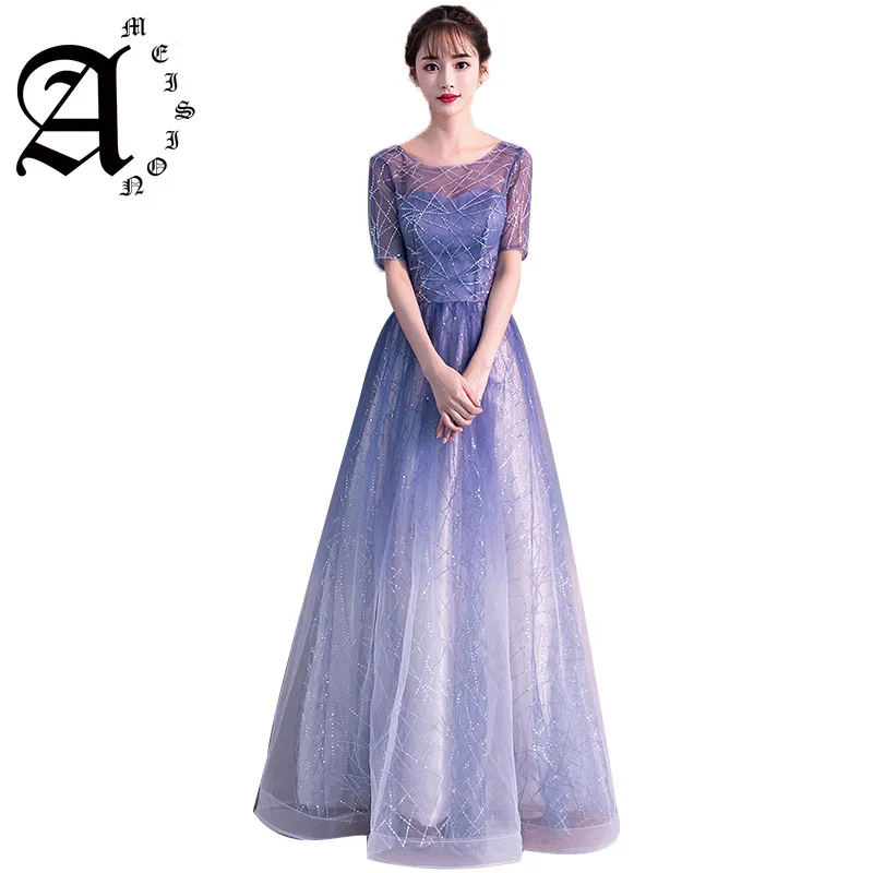 

2019 Spring summer Backless sleeve short star sky Dress Formal Evening gown Elegant sequin Illusion Evening Party Dresses