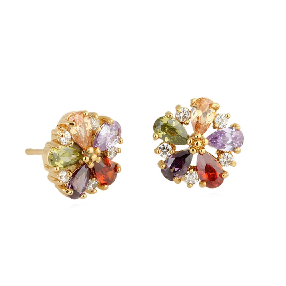 

Gold Color Multicolor Flower Stud Earrings with Colorful Zircon For Girlfriend Gift Luxury Bijouterie