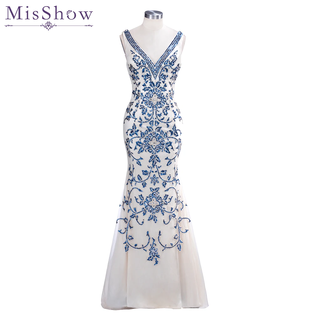 Luxury Champagne Evening Dress Long Mermaid Sheath Womens Embroidery Formal Gowns Sequin Vestidos Longo Special Occasion Dress