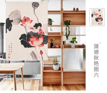 

New Chinese style classical lotus mountain wind window blind water Japanese curtain cotton and linen curtain porch decorations