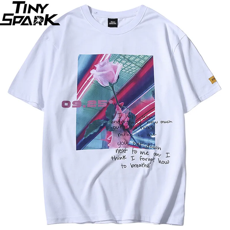 Мужские футболки в стиле хип-хоп, уличная одежда, Harajuku, розовая футболка с розами,, летняя футболка с цветочным рисунком, хлопок, короткий рукав, топы, футболки, черные, белые