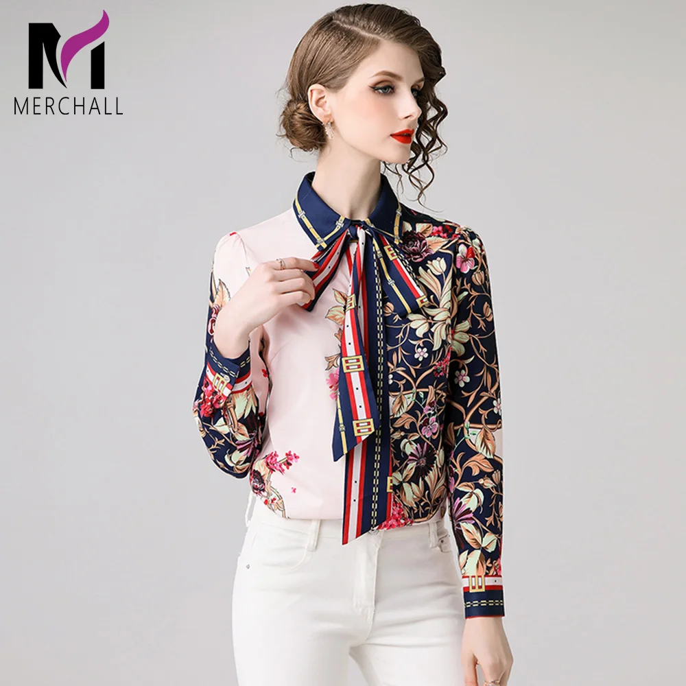  2019 Spring Summer Runway Luxury Floral Printed Long Sleeve OL Bow Tie Neck Womens Party Casual Top