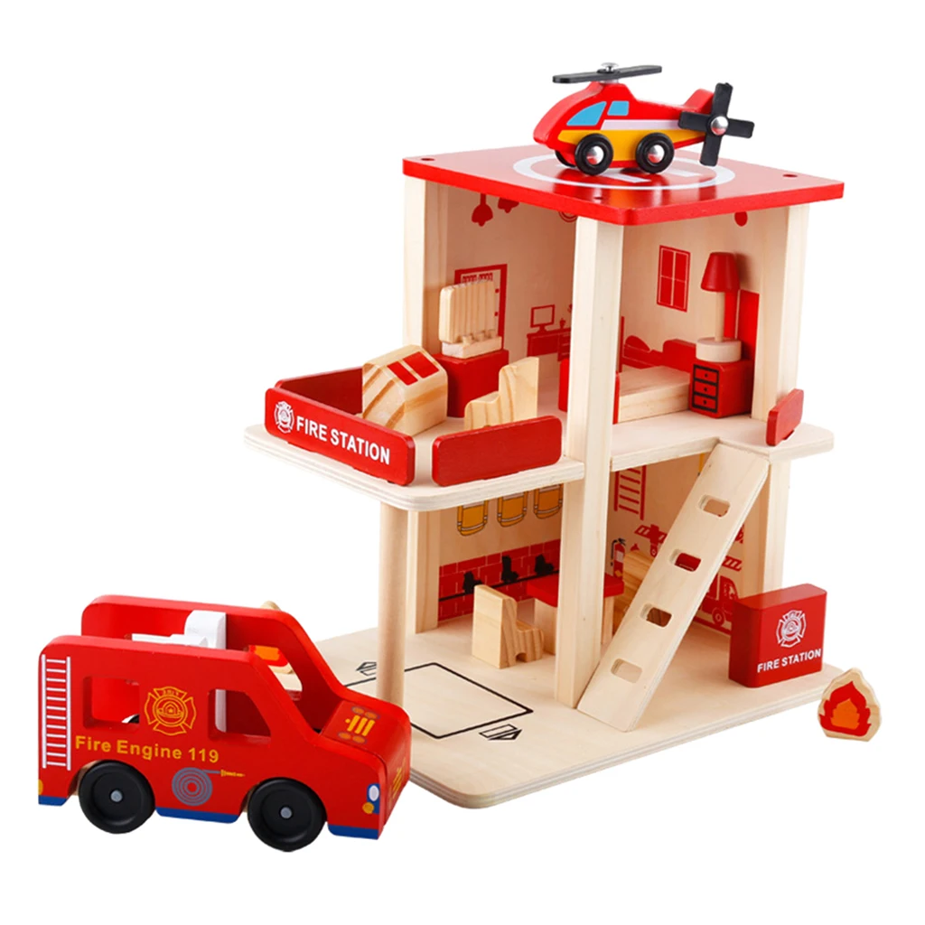 

Wooden Doll Houses Series - Fire Station Playset (15pcs) with Fire Truck and Accessories, Birthday Gift for Boys and Girls