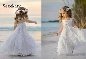 

White Flower Girls Dresses For Wedding Square Neck Applique Beads Kids Formal Wear Communion Dress Girls Pageant Gowns