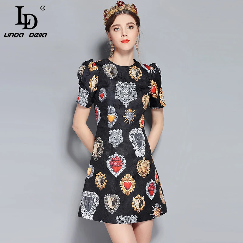 LD LINDA DELLA New 2018 Fashion Runway Summer Dress Women's Short Sleeve Love Diamond Printed Mini Vintage Dress High Quality