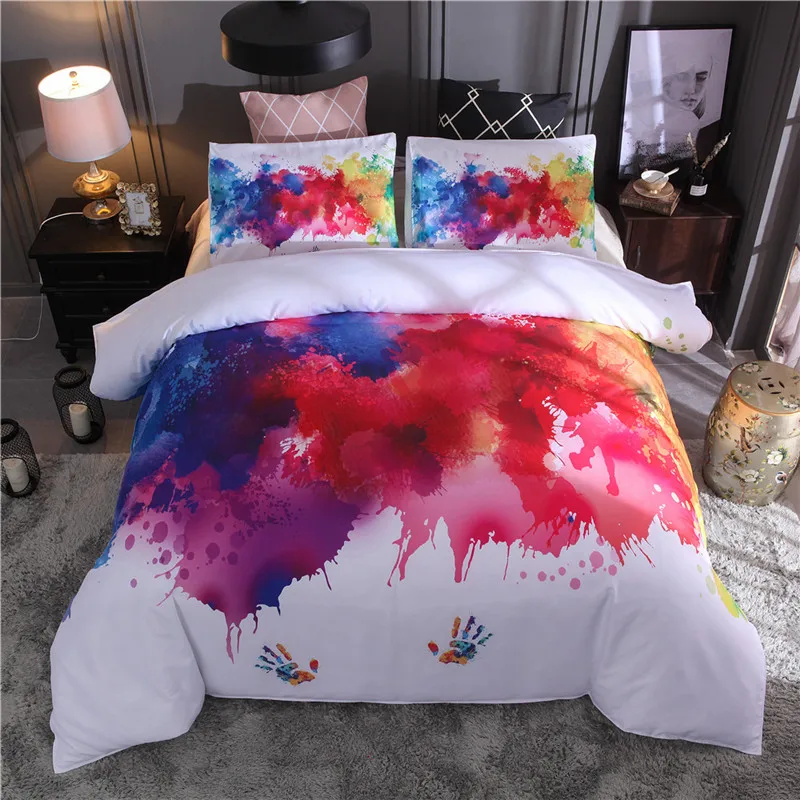 

White Background Watercolor Printing Bedding Set Colorful Pillowcase Duvet Cover Set 2/3 Pcs Living Room Beddings