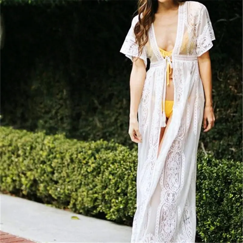 

2019 Sexy See Through Hollow Out Plunging Neck Half Sleeve High Waist Summer Beach Dress White Lace Tunic Women Beachwear N881