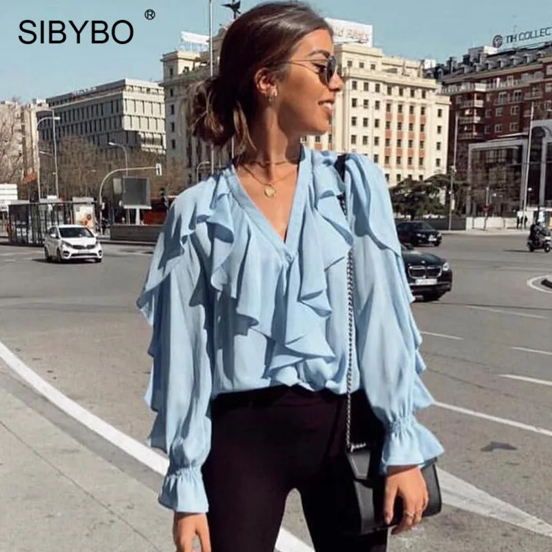 Sibybo летняя шифоновая блузка с оборками и v образным вырезом женская модная