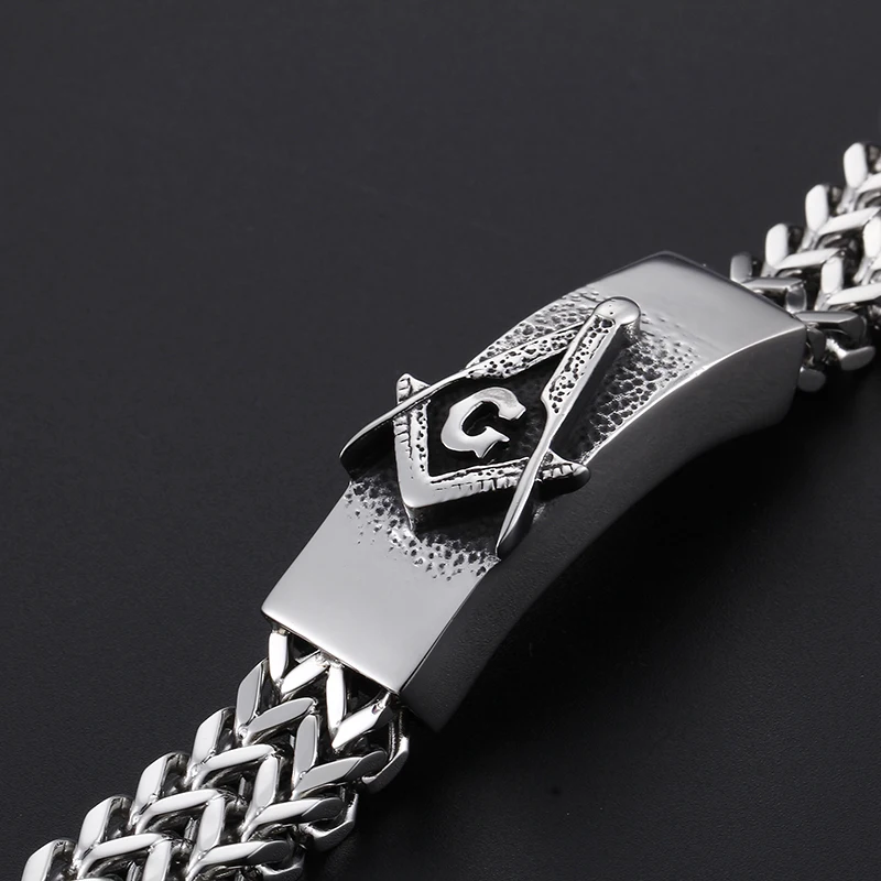 Religious jewelry 316L Stainless Steel figaro chain bracelet Masonic symbols ID Bracelet 15mm x 8.66''