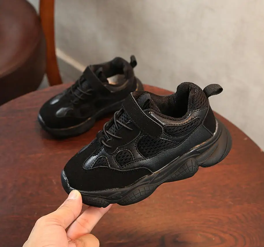 Детская повседневная обувь; Весенняя спортивная обувь для мальчиков и девочек; детская парусиновая обувь на липучке; модные детские кроссовки; дышащая детская обувь для бега - Цвет: Черный