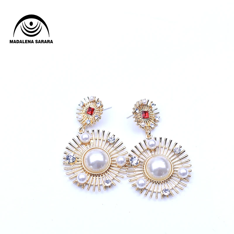 

MADALENA SARARA Simulation Pearl Rhinestone Zircon Inlaid Pave Setting Earrings Circle Style Pendant Dangle Earrings
