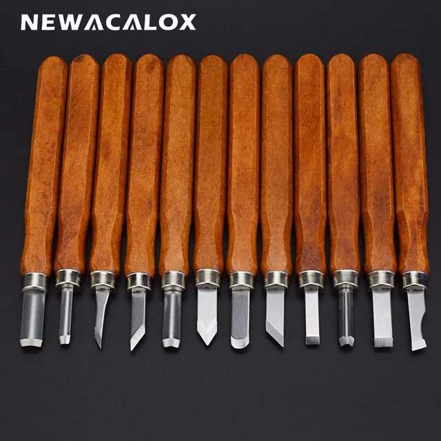 NEWACALOX 12pcs/lot Professional Wood Sculpture Tool Set Wood Handle Carving Chisel for