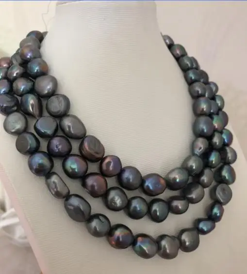 

stunning 12-13mm Tahitian baroque black green pearl necklace 48inch 925 silver