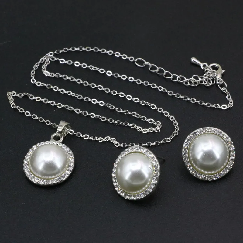 New Women's Round Simulated-Pearl Necklace Stud Earring Jewelry Set Silver-Color Gold Colors Chain Earrings 18inch B3407 | Украшения и