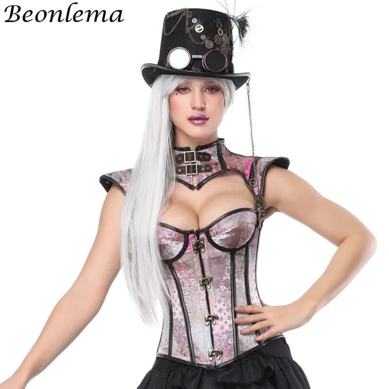 Beonlema Gothic Steampunk Corset Sexy Vintage Corselet Lace Up Punk Rave Korset Vest Women Pink Royal Blue Bustier Lingerie