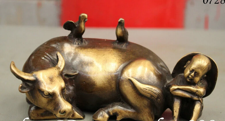 

shitou 002813 7 Folk Art Chinese Pure Bronze Bull Ox Bird Kid Cowboy Amicable Statue Sculpture