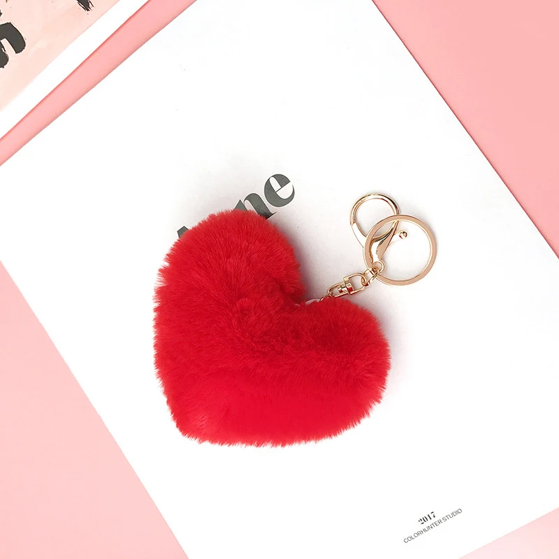 

18 Color Fluffy Fur Pompom Keychain Soft Lovely Heart Shape Pompom Imitation Rabbit Fur Pom Poms Ball Car Bag Keychain 6C2806
