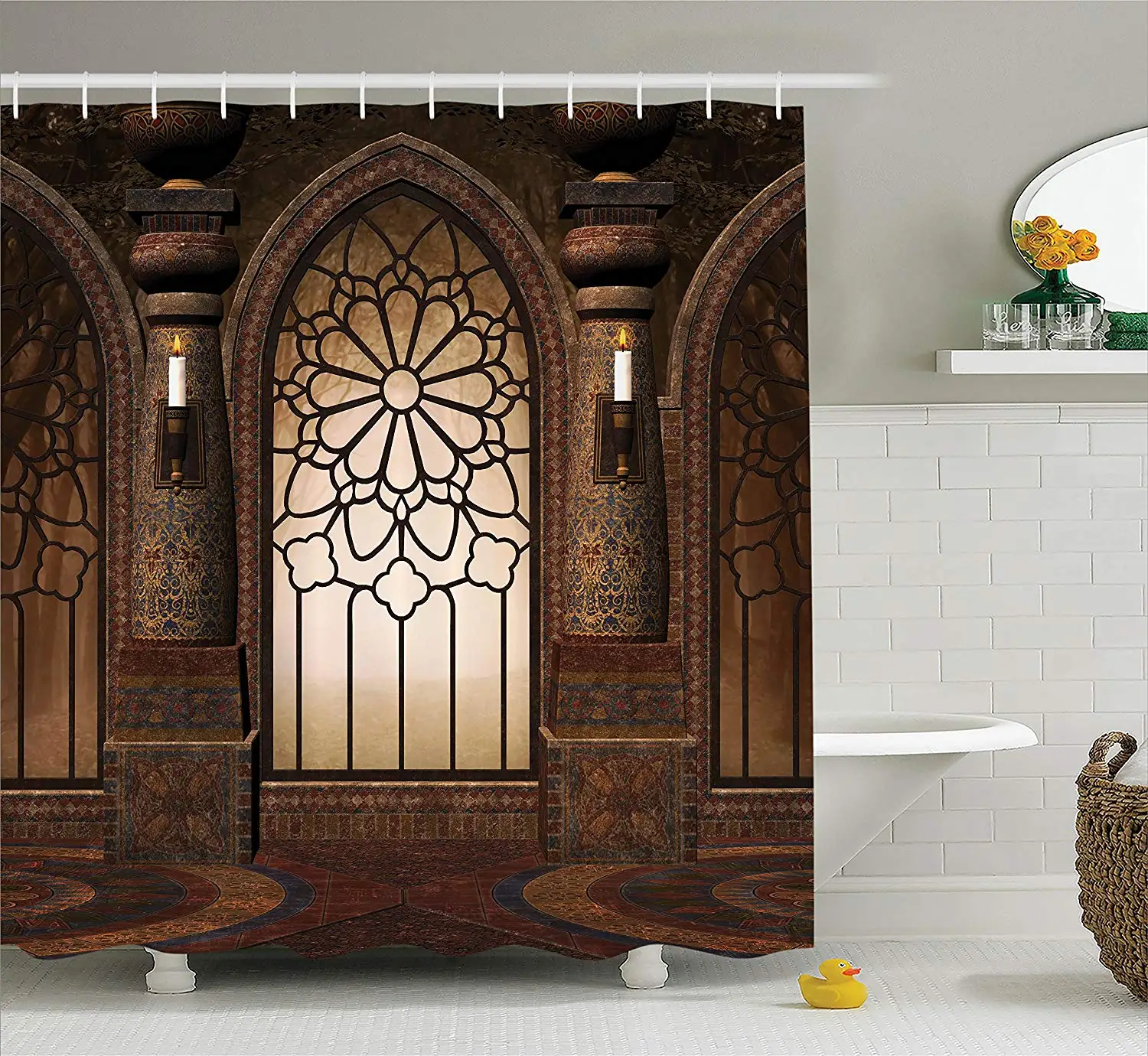 

Gothic Shower Curtain Antique Myst Gate with Oriental Asian Pattern and Curvings Fabric Bathroom Decor Set with Hooks