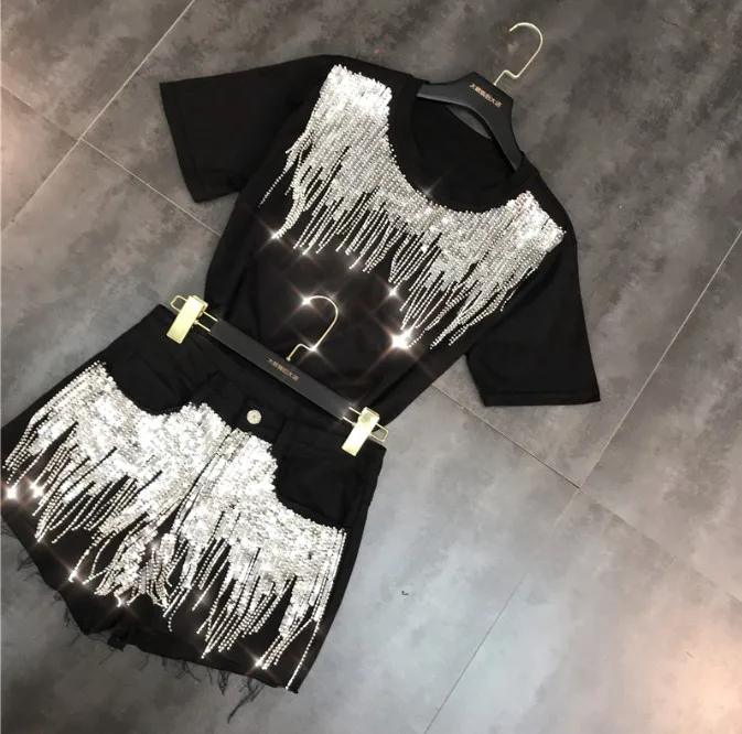 

2019 Spring Clothes New Heavy Sequins Tassel Black T-shirt + Denim Shorts Pants Two Piece Student Girl Fashion Jean Shorts Set