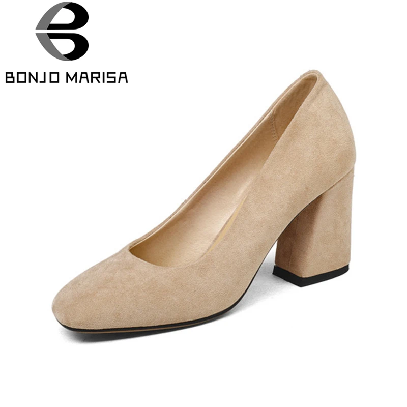 

BONJOMARISA 2018 High Heels Office Shoes Woman Shallow Square Toe high heels Pumps Big Size 34-43 Leather Lining Women Shoe