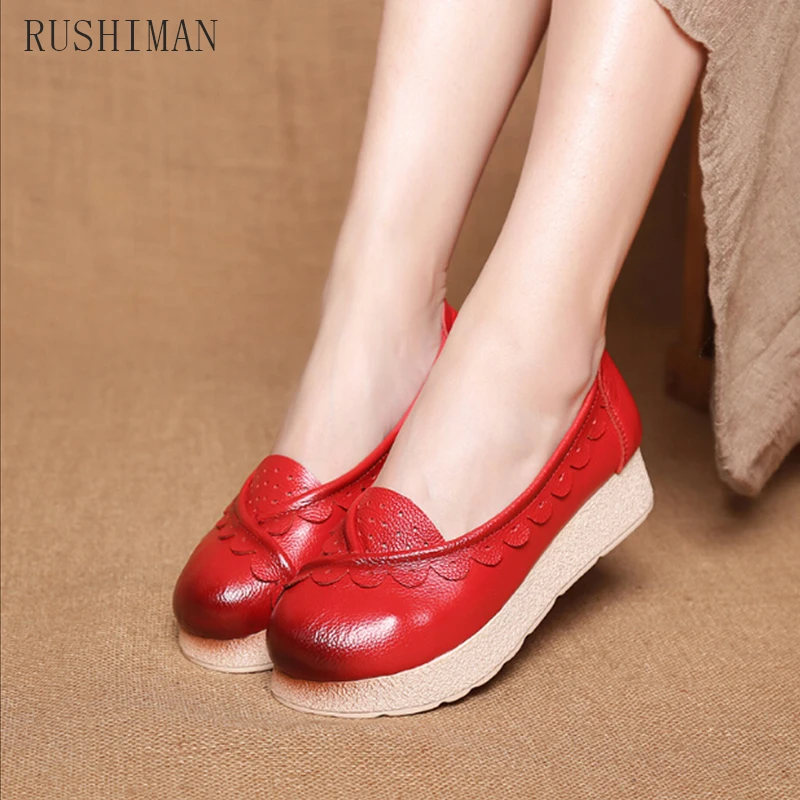 

RUSHIMAN 2018 Spring Autumn New Style Single Shoe Color Leather Shoes With Low Heel And Flower Casual Leather Shoes Size 35-40