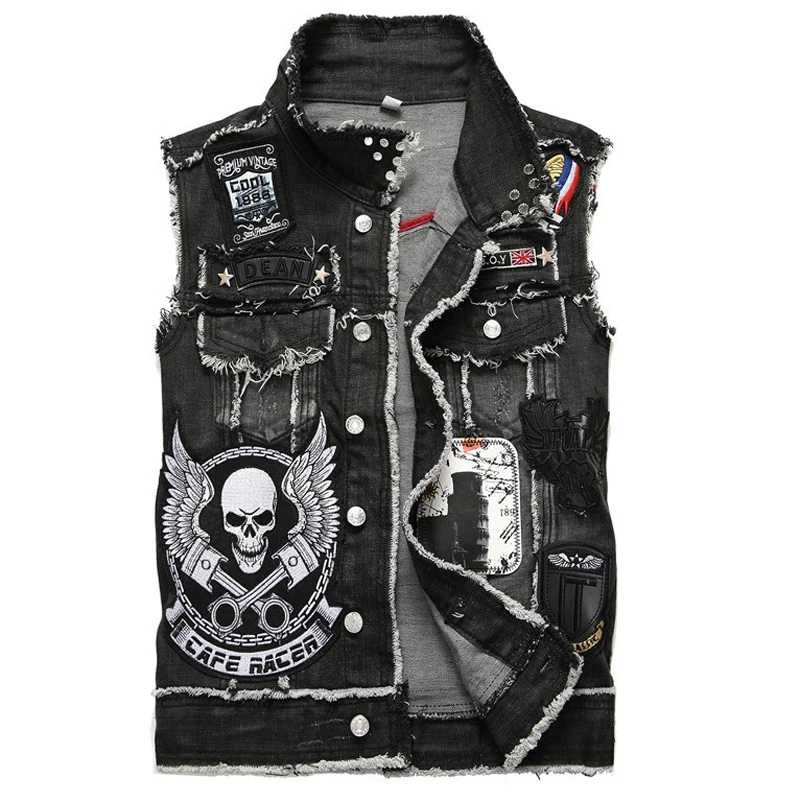

XIU LUO 3XL Designer Punk Biker Mens Jean Vest Skull Cowboy Cool Summer Waistcoat Sleeveless Overcoat Automotive Vest 2019