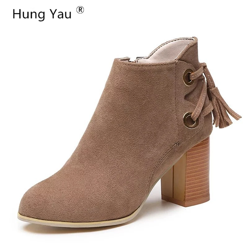 

Hung Yau Women Ankle Boots Ladies Shoes Martin Boots Suede Leather Ankle Boots Thick Heel Autumn Winter Black Brown Shoes Size8
