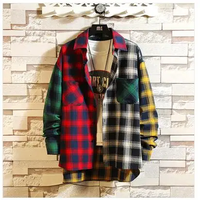 Men Plaid Shirts New Spring Autumn Long Sleeve Shirts Outwear Casual Loose Shirts For Man and women Size 3XL Dropshipping - Цвет: Red