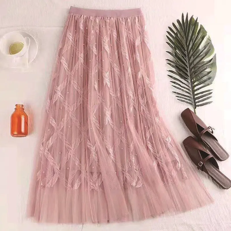Новинка года; Весенняя женская Однотонная юбка с вышивкой и жемчугом и высокой талией; плиссированная газовая юбка; Длинные вечерние юбки для женщин; повседневная юбка