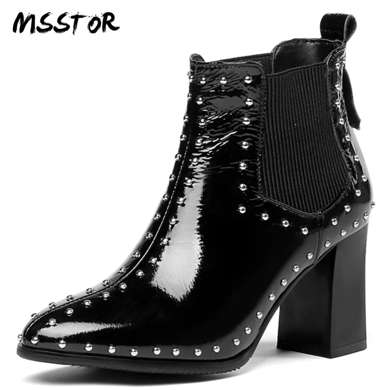 MSSTOR Rivet Black Pumps Shoes Women Square Heel Genuine Leather Plus Size 33-45 Fashion Winter Boots Pointed Toe Ankle Boot