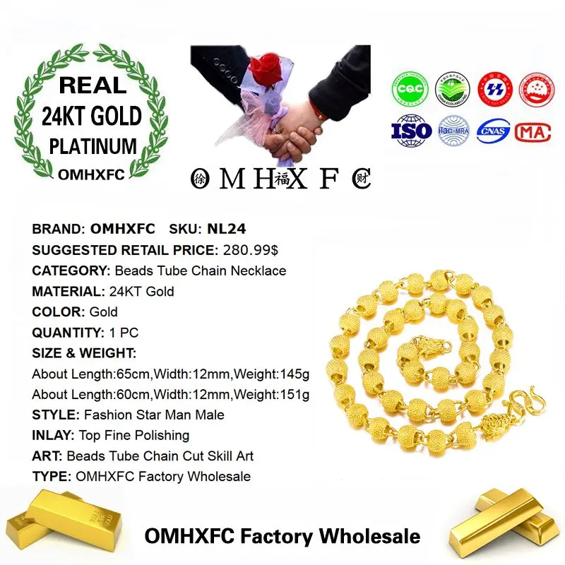 Preise OMHXFC Großhandel Europäischen Mode Mann Männlichen Party Hochzeit Geschenk Lange 60 65 cm Drachen Perlen Rohr Echt 24KT Gold Kette halskette NL24