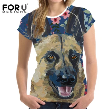 

FORUDESIGNS Women T-shirt Summer Casual Clothing Short Sleeve O-Neck Ladies t shirt German Shepherd Flower Print Tops Tee Shirts