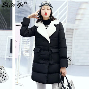 

Double breasted lapel collar women coat parkas Winter bow long sleeve Casual streetwear cotton warm coat elegant thicken outwear