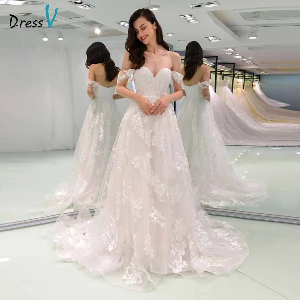 Dressv Элегантное свадебное платье женское с открытыми плечами кружевное на молнии