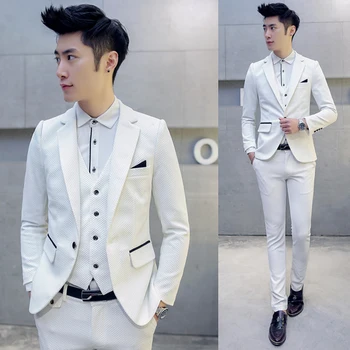 

2017 White Suits Mens Wedding Dress Slim Fir 3 pcs Sets 5XL Mens Clothing