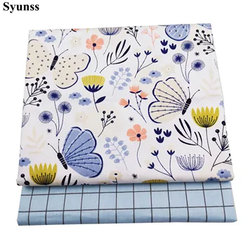 

Syunss Diy Patchwork Cloth For Quilting Baby Cribs Cushions Dress Sewing Tissus Blue Butterfly Grid Printed Cotton Fabric Tecido